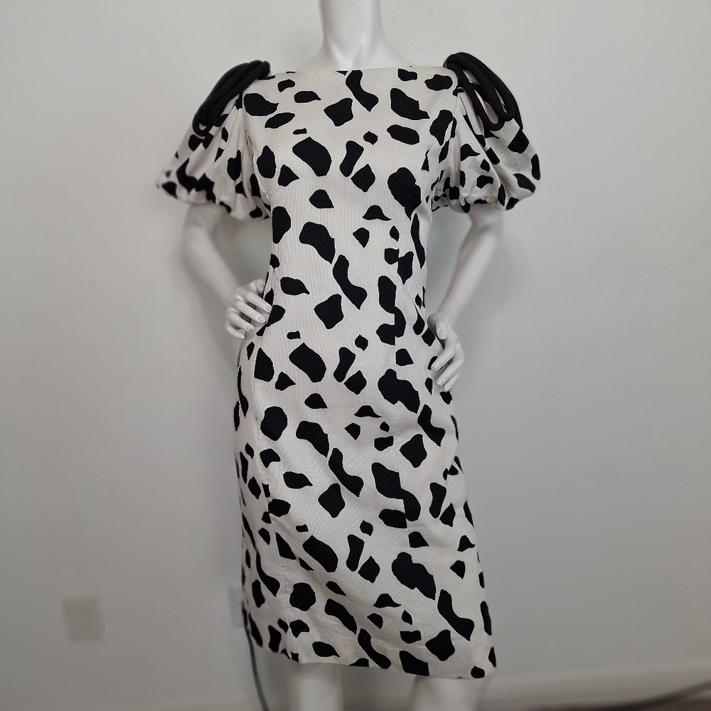 Lillie Rubin Cocktail Cow Print Short Puff Sleeves Party Midi Dress Size 10